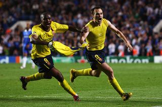 LONDON, ENGLAND - MAY 06: Andres Iniesta (R) of Barcelona celebrates scoring in the final minutes during the UEFA Champions League Semi Final Second Leg match between Chelsea and Barcelona at Stamford Bridge on May 6, 2009 in London, England. (Photo by Jamie McDonald/Getty Images)