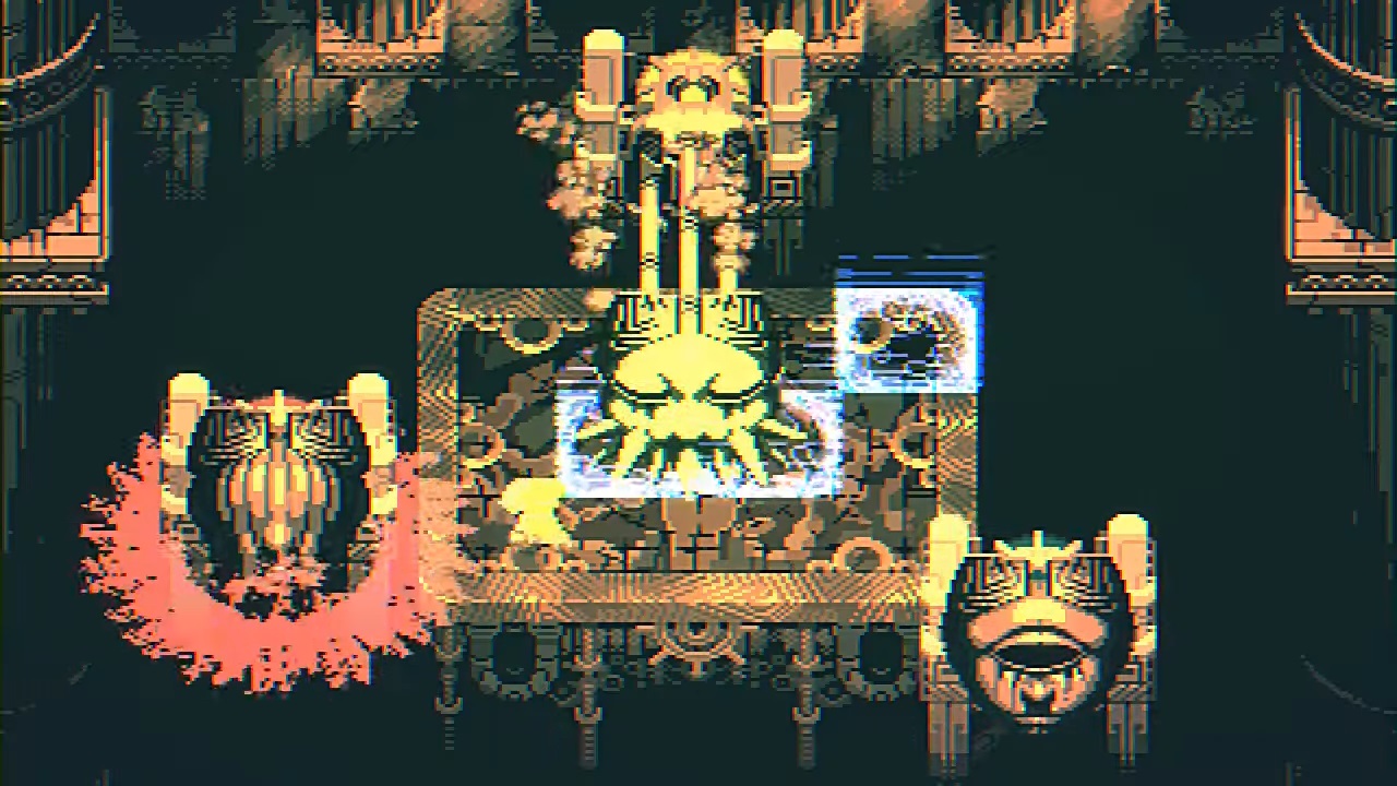 top down gameplay of Radio the Universe's first boss, three heads floating around platform