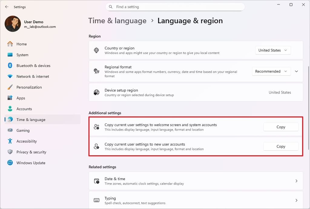 Settings copy current user settings options