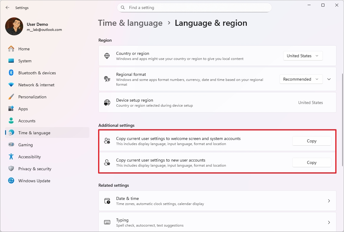 Settings copy current user settings options