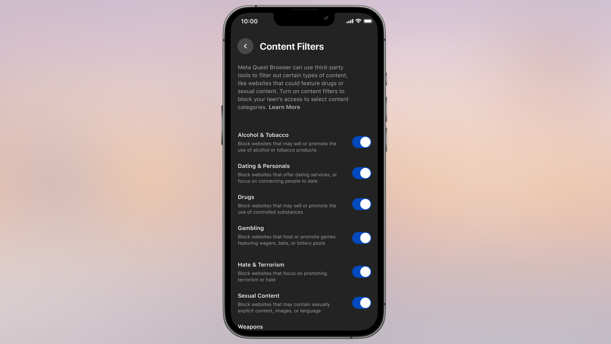The new parental control filters for the Meta Quest Browser in action
