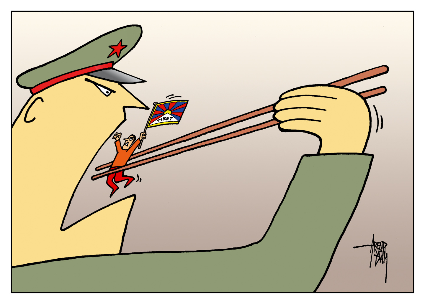 This cartoon depicts a man wearing a Chinese Communist uniform. He&amp;rsquo;s using chopsticks to eat a small man with a Tibet flag.