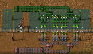 An image of the blueprint flipping function in Factorio 1.1, a complex assembly-line setup is being flipped 