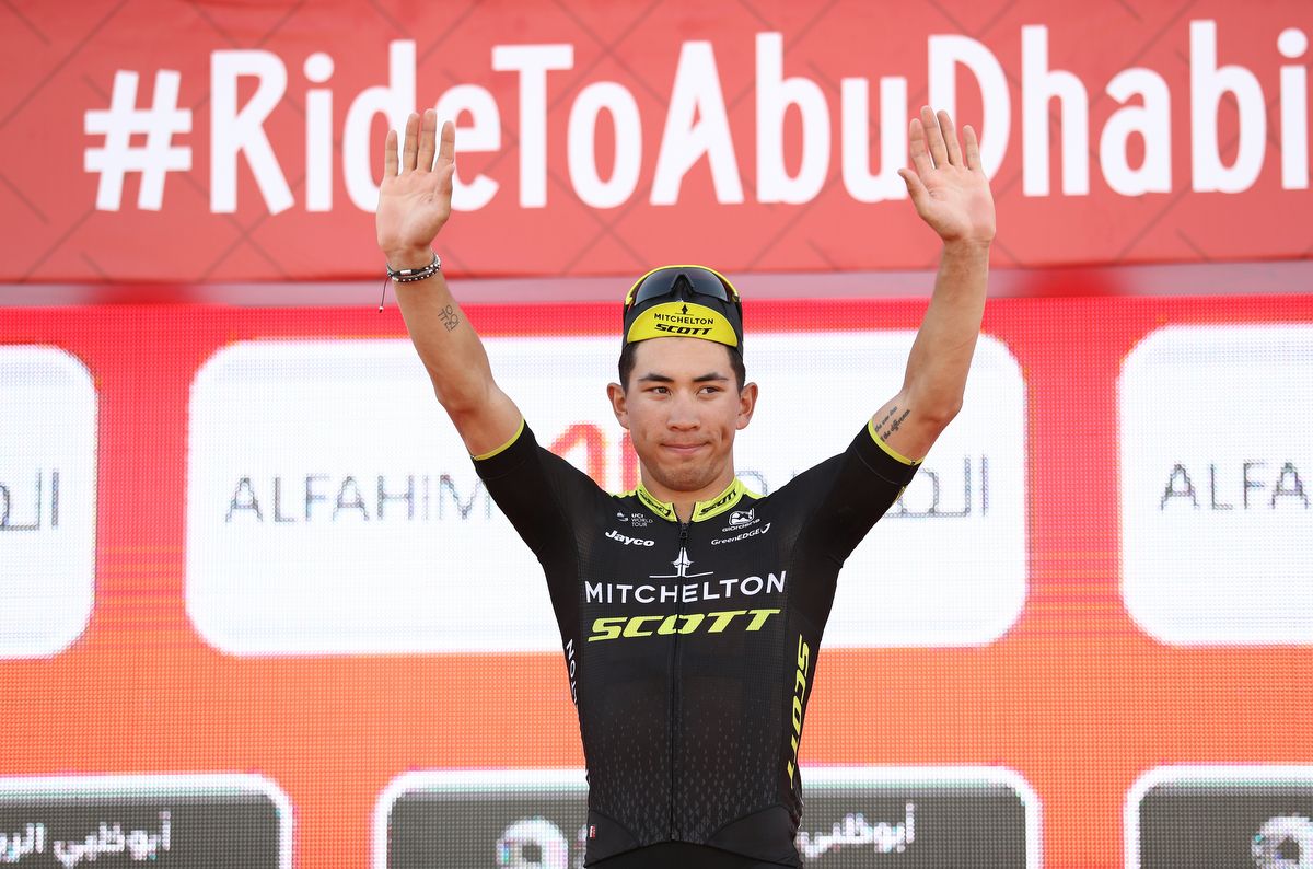 Caleb Ewan (Mitchelton-Scott) waves from the podium