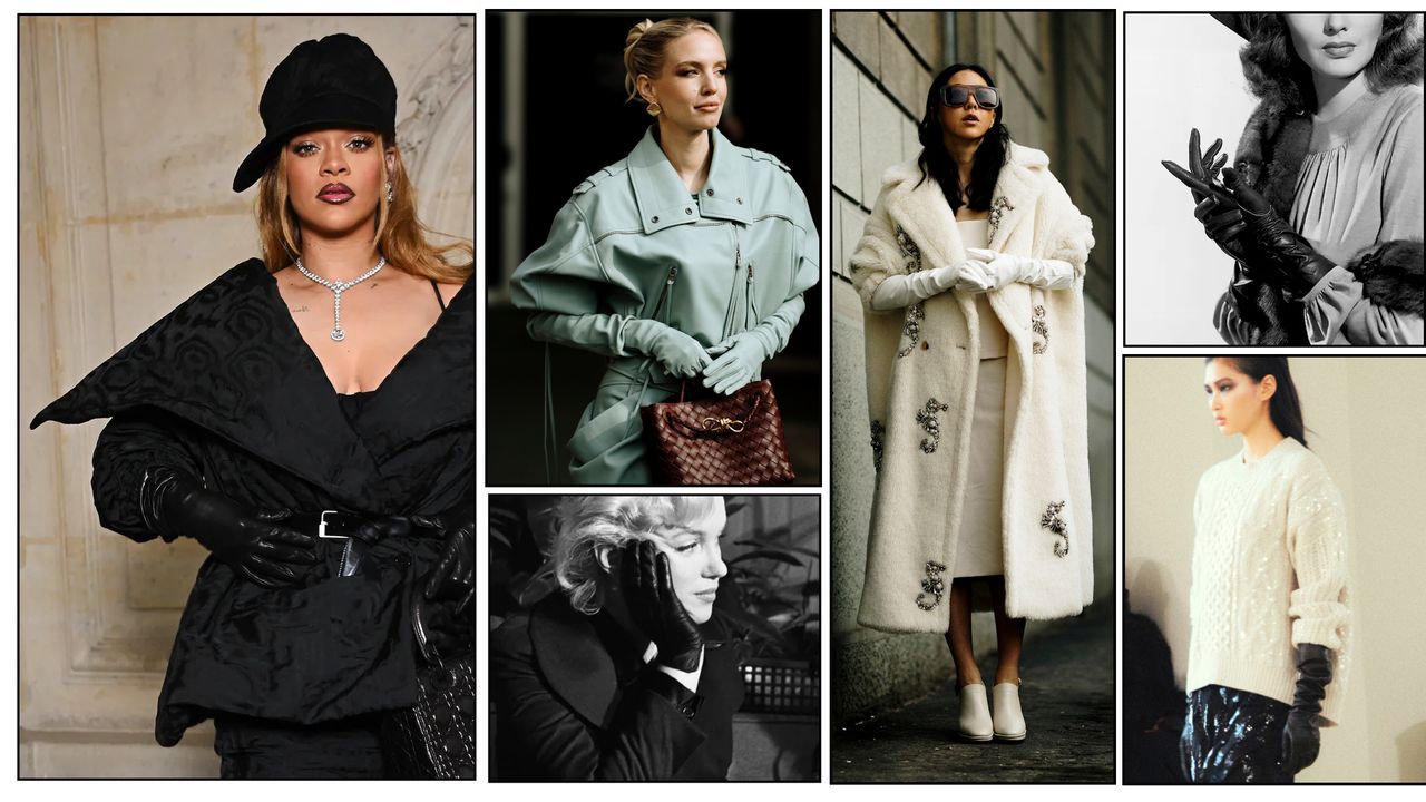 A leather gloves trend graphic by Future featuring Rihanna, Marilyn Monroe, Altuzarra Fall 2024 model, and fashion week guests