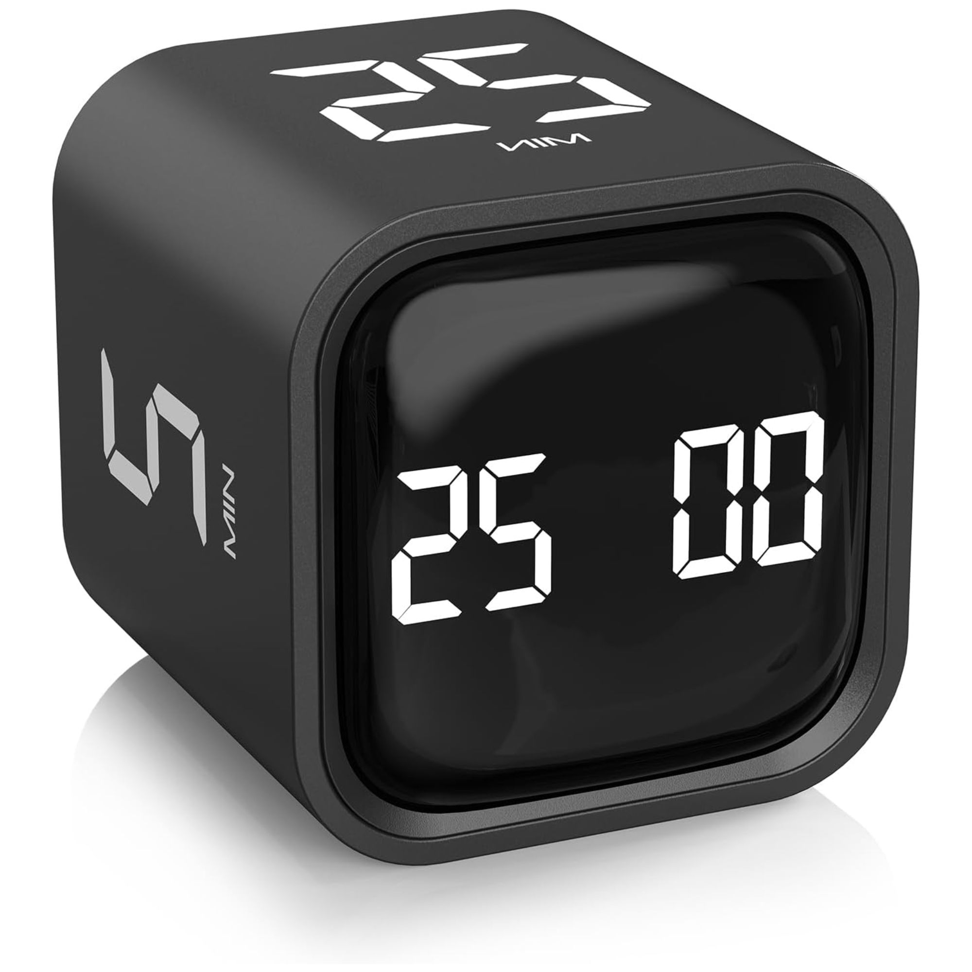 Black cubic pomodoro timer with white digital display