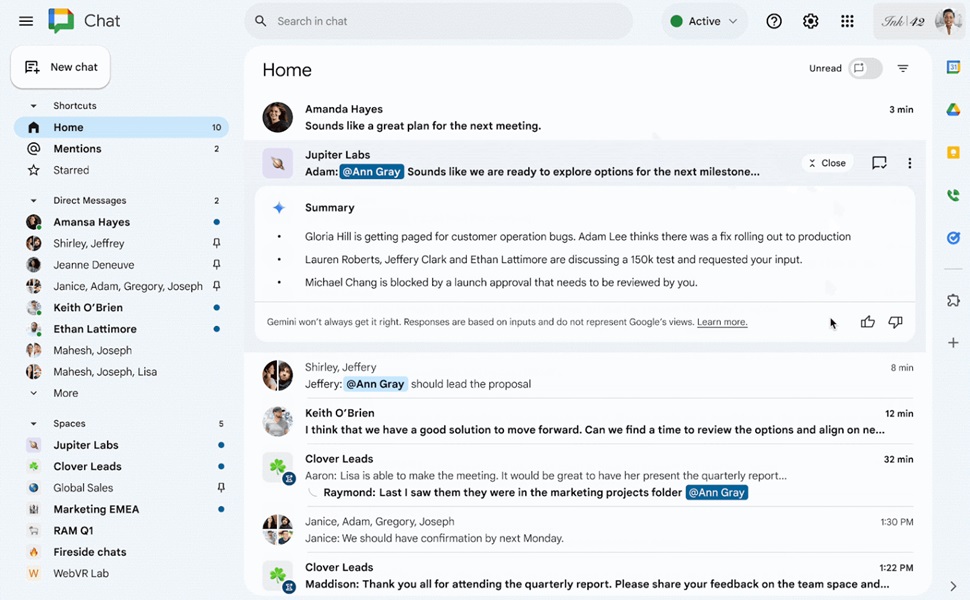 Google Chat gets Gemini help for an overview of unread chats.