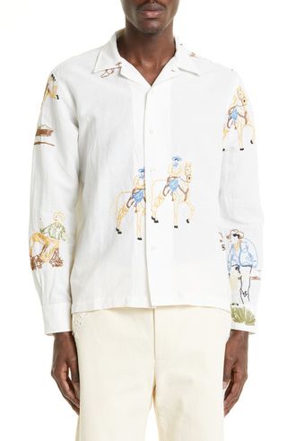 Boxy Buckaroo Embroidered Long Sleeve Linen & Cotton Button-Up Shirt
