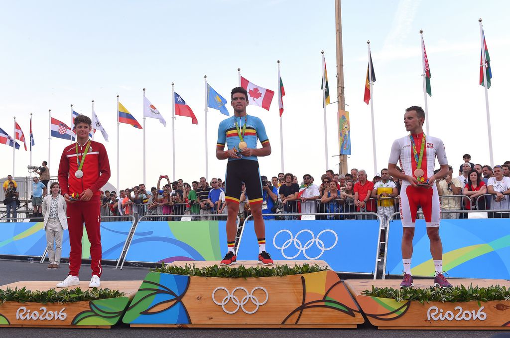 The men's Olympic Games podium: Jakob Fuglsang (Denmark), Greg Van Avermaet (Belgium) and Rafal Majka (Poland)