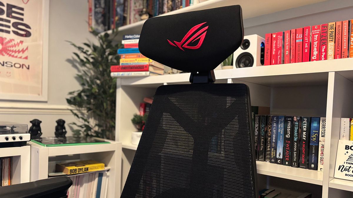 An Asus ROG Destrier gaming chair set-up at a desk.