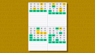 Quordle daily sequence answers for game 682 on a yellow background
