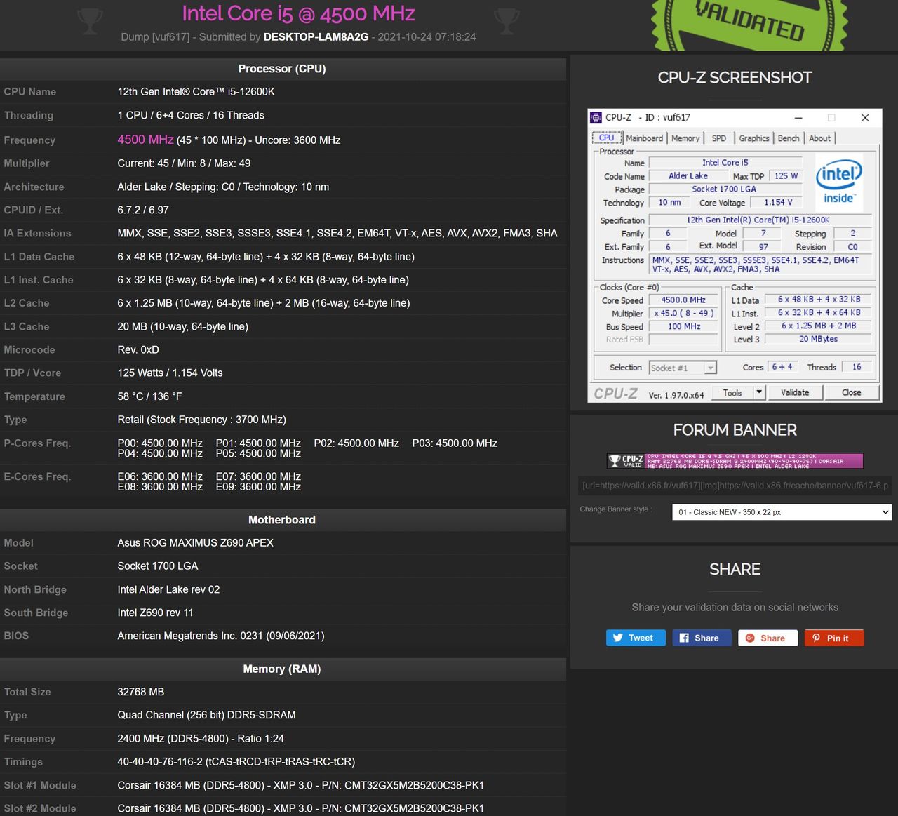 Validation screengrabs for Intel Core i5-12600K on CPU-Z