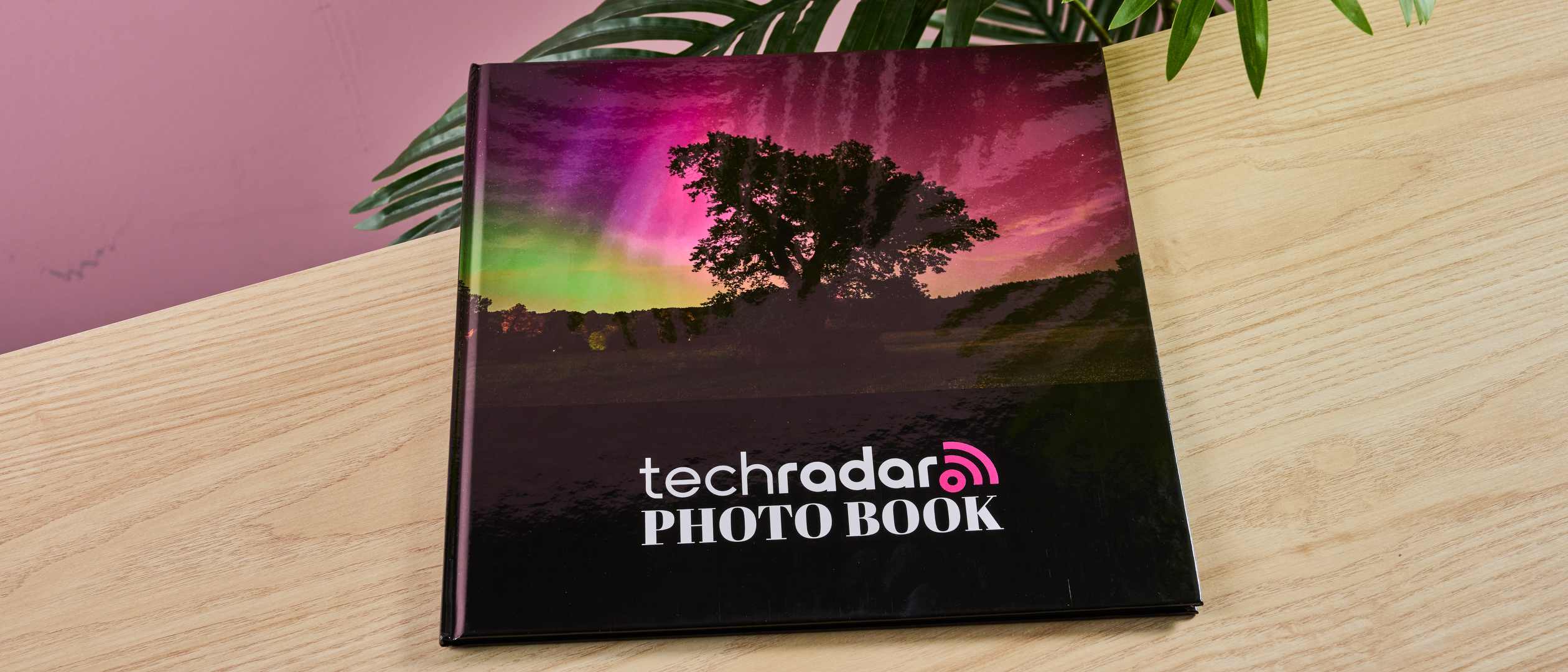 VistaPrint photo book on table with pink wall and plant in background