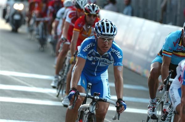 Damiano Cunego (Italy) follows wheels in the race's closing stages.