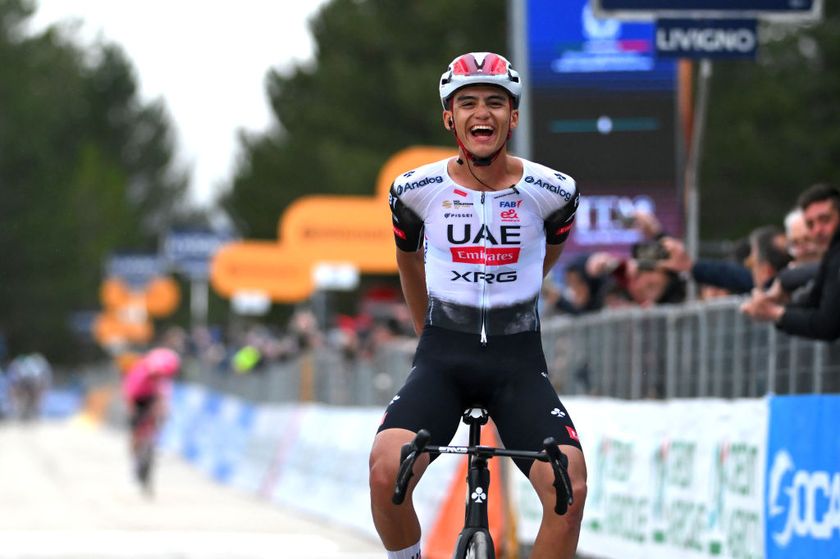 FRONTIGNANO ITALY MARCH 15 Isaac Del Toro Romero of Mexico and UAE Team Emirates XRG celebrates at finish line the victory of teammate during the 60th TirrenoAdriatico 2025 Stage 6 a 163km stage from Cartoceto to Frontignano 1324m UCIWT on March 15 2025 in Frontignano Italy Photo by Tim de WaeleGetty Images