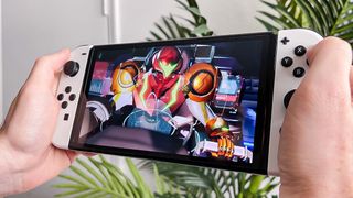 Nintendo Switch OLED playing Metroid Dread