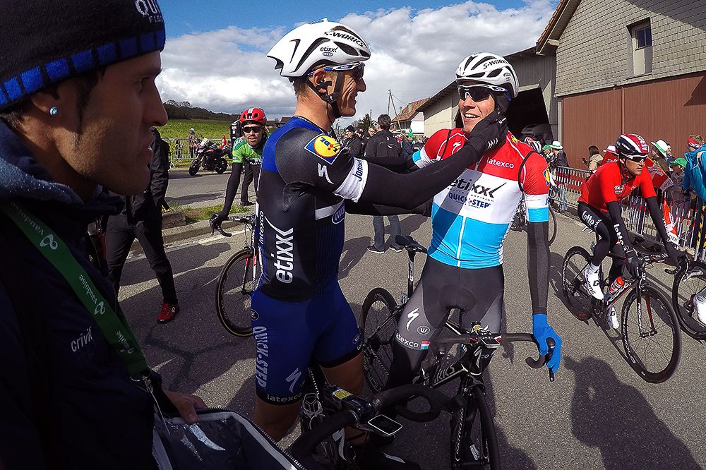 Marcel Kittel ad Bob Jungels celebrate Kittel's win after stage 1 at Tour de Romandie.