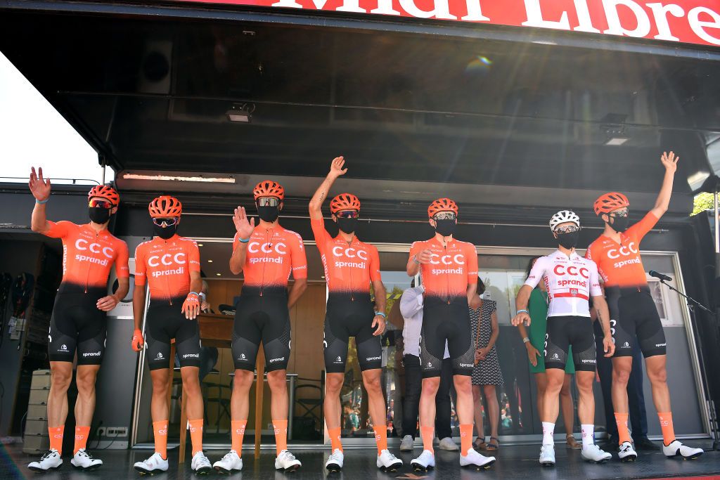BEZIERS FRANCE AUGUST 01 Start Josef Cerny of Czech Republic Michal Paluta of Poland Joey Rosskopf of The United States Guillaume Van Keirsbulck of Belgium Fausto Masnada of Italy Lukasz Wisniowski of Poland Georg Zimmermann of Germany and CCC Team Covid Safe measures Team Presentation during the 44th La Route dOccitanie La Depeche du Midi 2020 Stage 1 a 187km stage from Saint Affrique to Cazouls ls Bziers RouteOccitanie RDO2020 on August 01 2020 in Beziers France Photo by Justin SetterfieldGetty Images