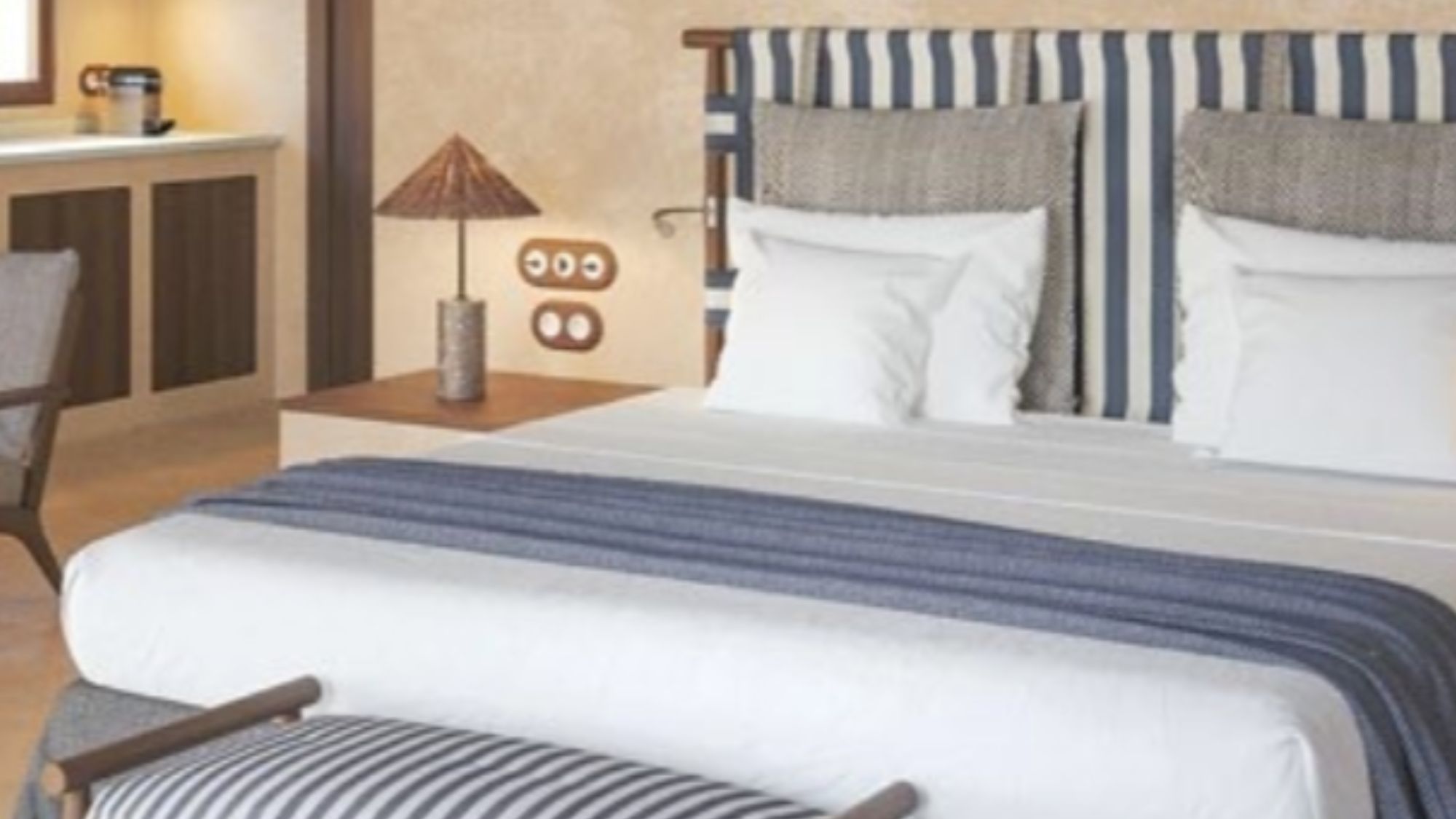 dunas de formentera hotel room - white bed with blue stripes