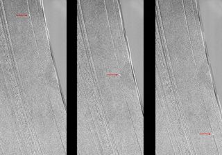 Three Cassini images show a propeller-shaped structure created by an unseen moon in Saturn's A ring. Saturn's rings are visible for the first time in two years, as Cassini spacecraft moved out of Saturn's equatorial plane in the spring of 2012.