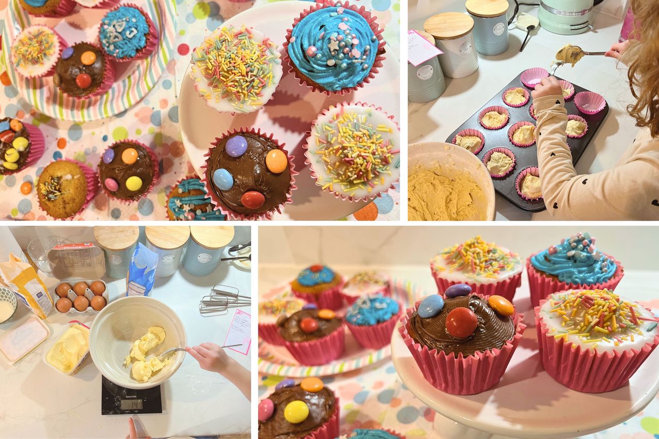 A collage of images of cupcakes being made by kids, decorated with buttercream, chocolate and icing mix