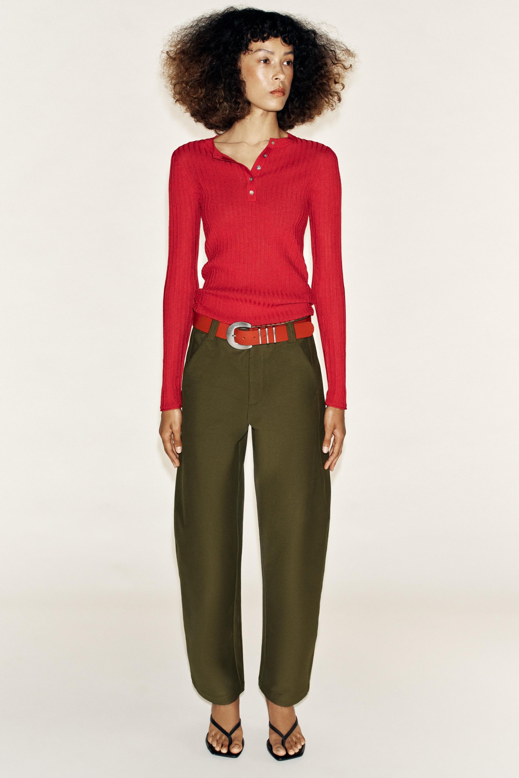 Henley Button T-Shirt - Red - S