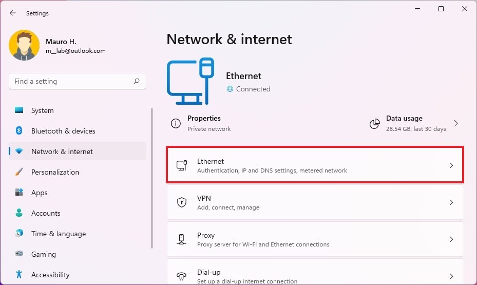 Open Ethernet Settings