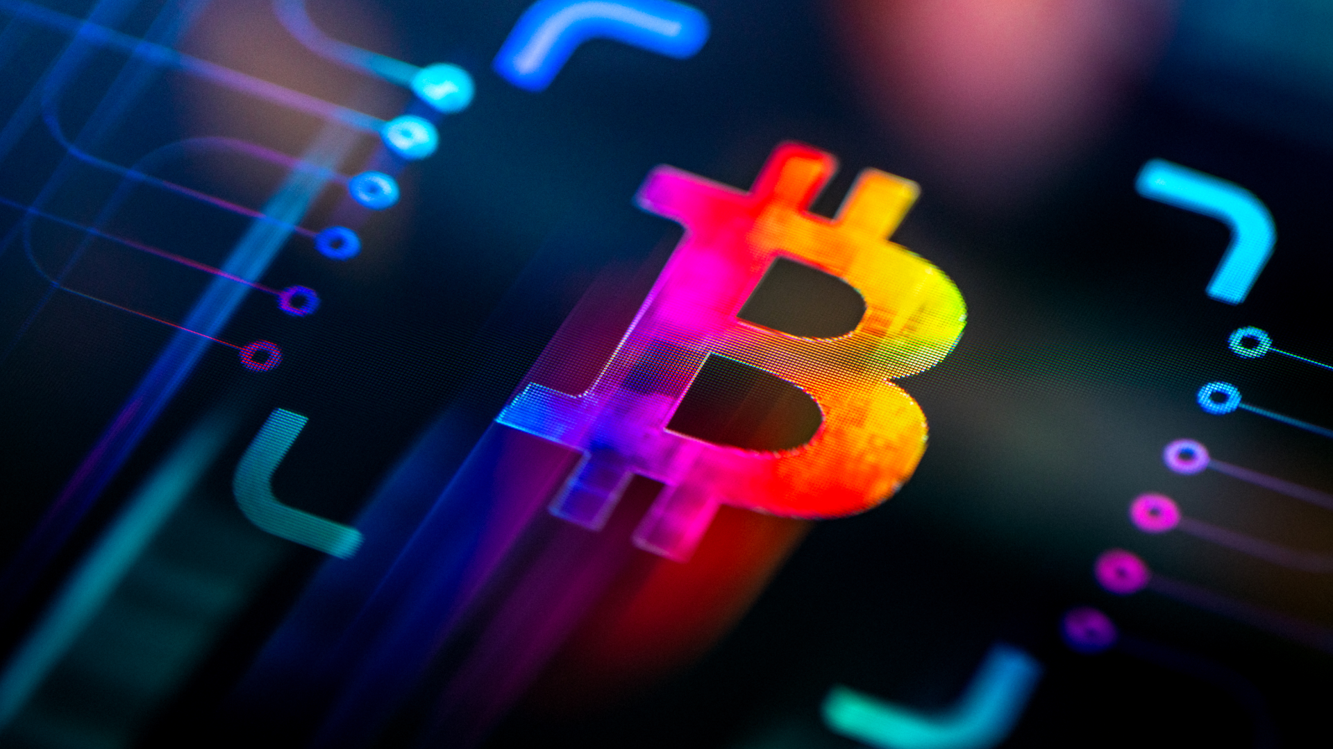 Vibrant Bitcoin BTC Icon Concept On Digital Background. Technology and Innovations Background - stock photo