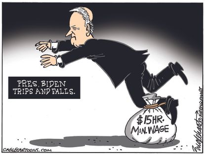 Political Cartoon U.S. biden 15 dollar minimum wage trip