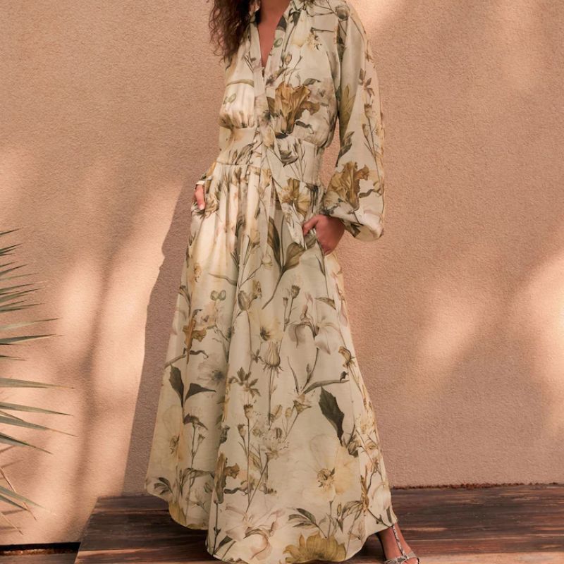 Premium Tie Neck Waisted Occasion Dress on model 