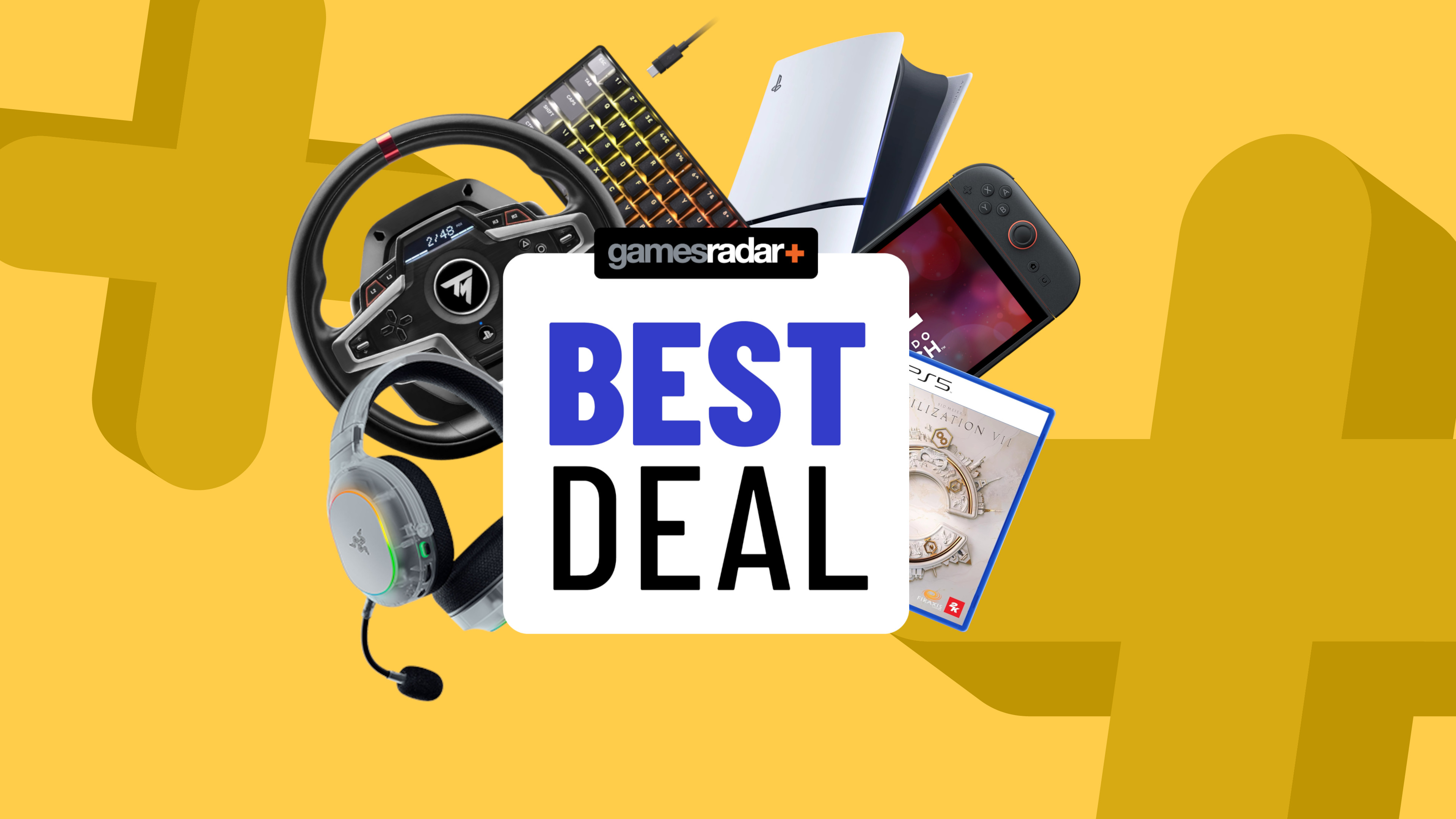PS5, Nintendo Switch 2 and PC gaming accessories on a yellow background with blue best deal badge