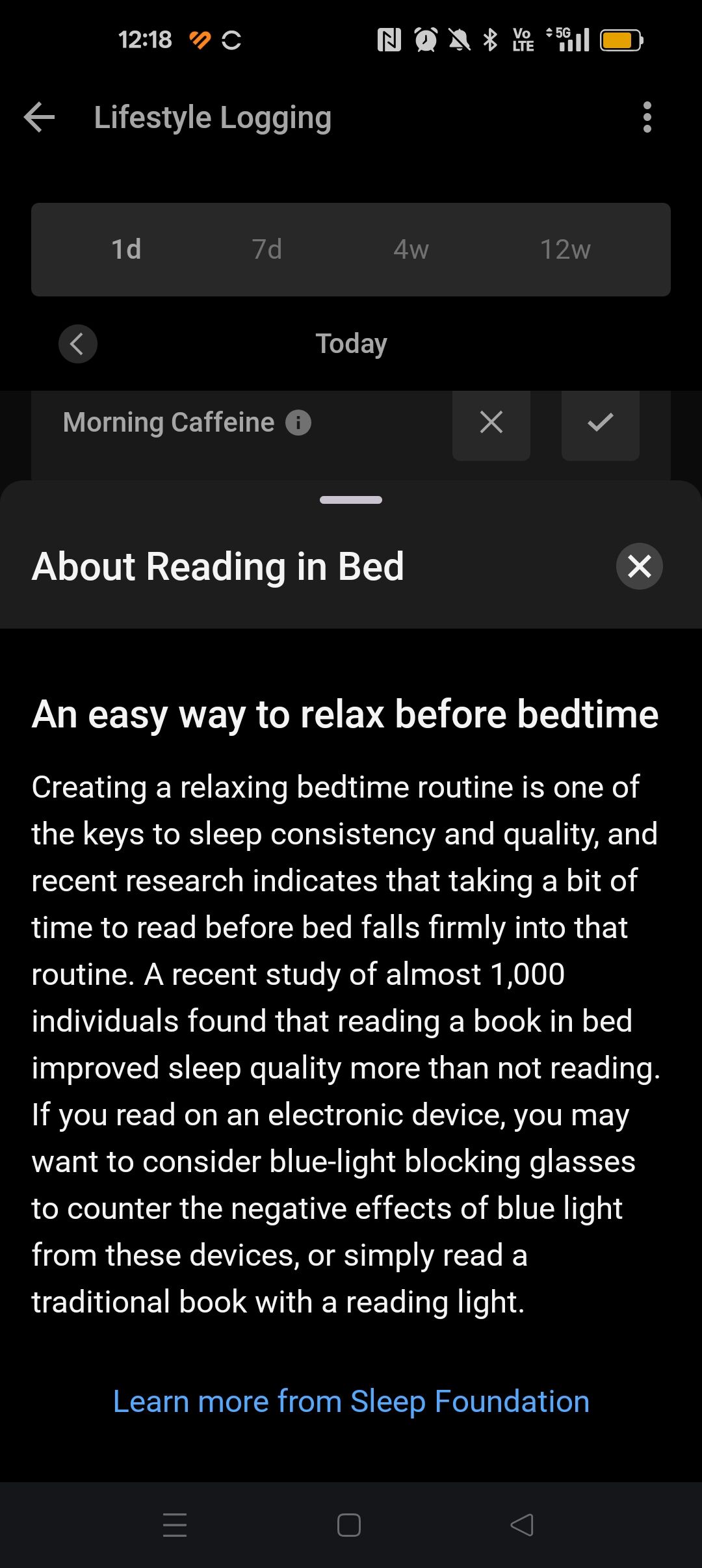 Garmin Connect app showing information about reading in bed
