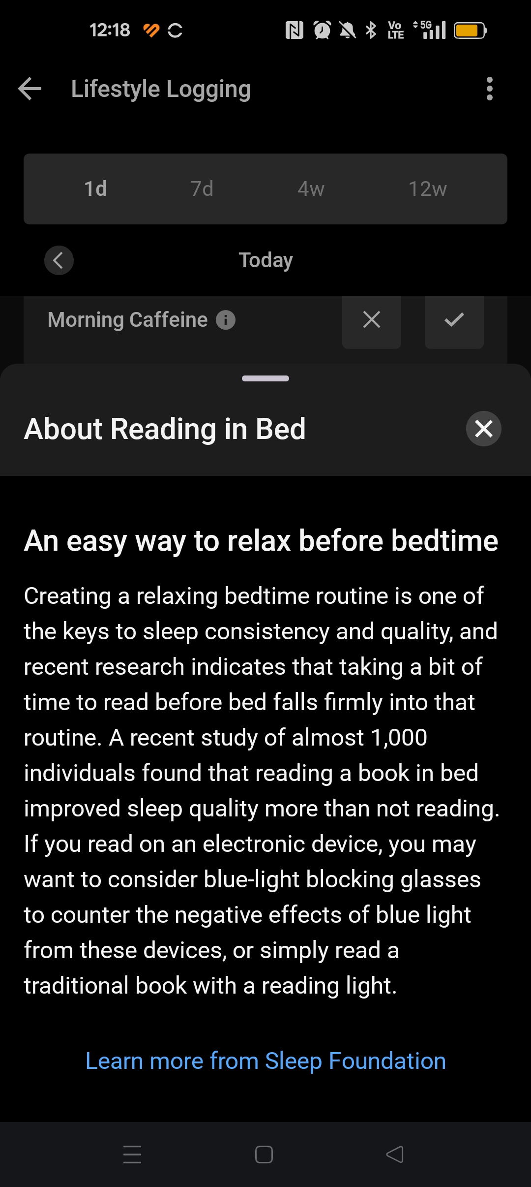 Garmin Connect app showing information about reading in bed