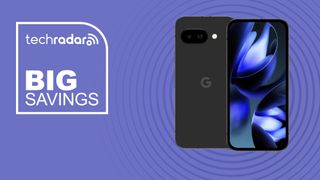 The Google Pixel 9a on a purple background with text saying Big Savings.