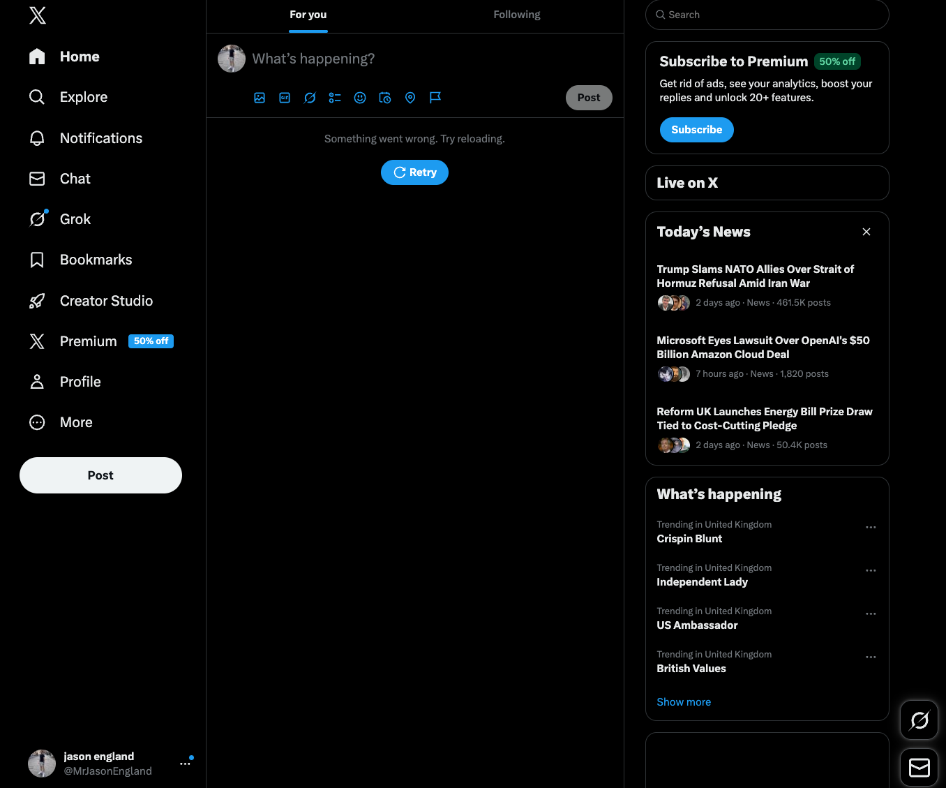 A screengrab of X.com displaying issues