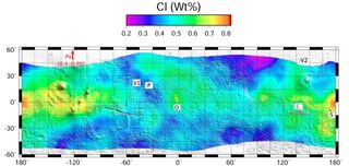 Equatorial and mid-latitude distribution of chlorine (Cl) within the top one meter of Mars measured by the Gamma Ray Spectrometer onboard NASA's Mars Odyssey. The global concentration of Cl is similar to the measured concentration of ClO4- at two landing sites (Px=Phoenix; C=Curiosity), suggesting that ClO4 could be globally distributed. V1-Viking 1; V2=Viking 2; O=Opportunity; S=Spirit; P=Pathfinder.