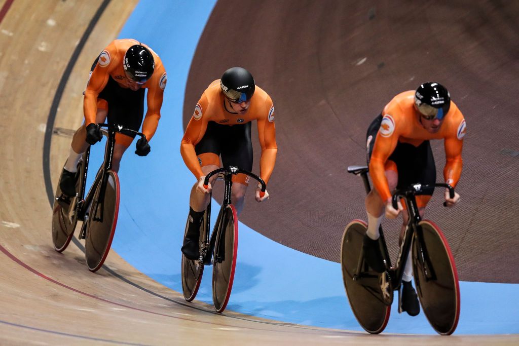 BERLIN GERMANY FEBRUARY 26 Team of the Netherlands compete during Mens Team Sprint Qualifying during day 1 of the UCI Track Cycling World Championships Berlin at Velodrom on February 26 2020 in Berlin Germany Photo by Maja HitijGetty Images