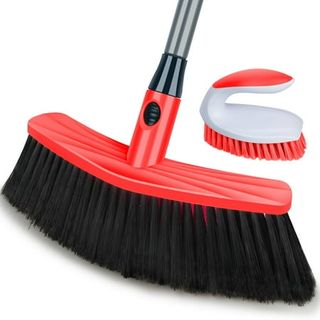 Sugarday Push Broom Indoor Outdoor Scrub Brush Set 47'' Adjustable Long Handle Plastic, Red