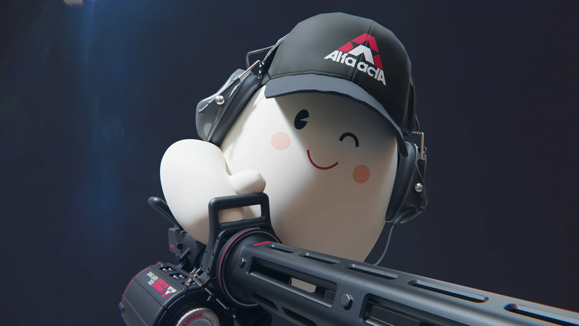 A mascot character from The Finals winks at the camera while brandishing a minigun.