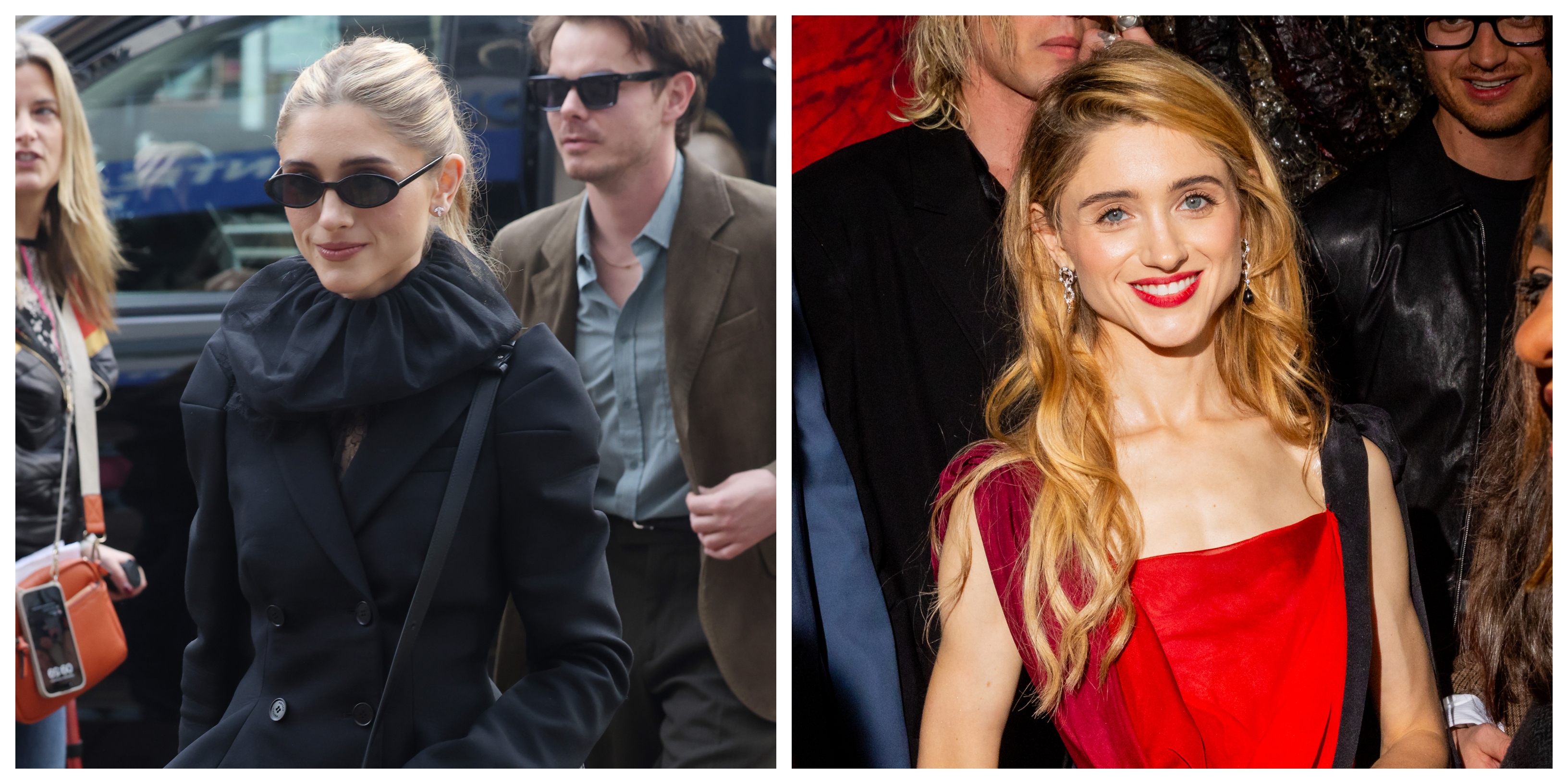 a side by side image of a woman with platinum blonde hair on the left and strawberry blonde hair on the right