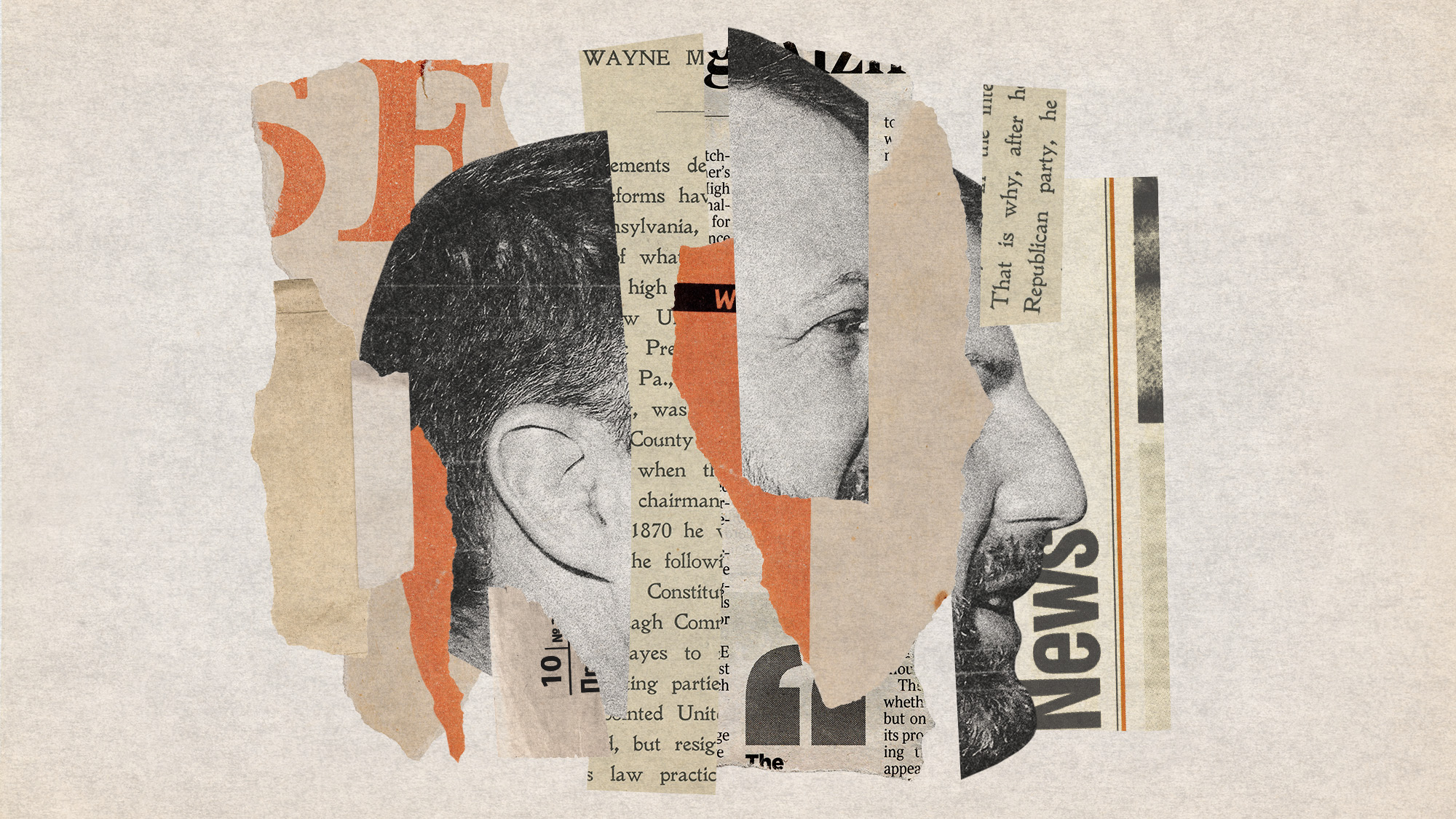 Photo collage of Markwayne Mullin and various scraps of newspaper