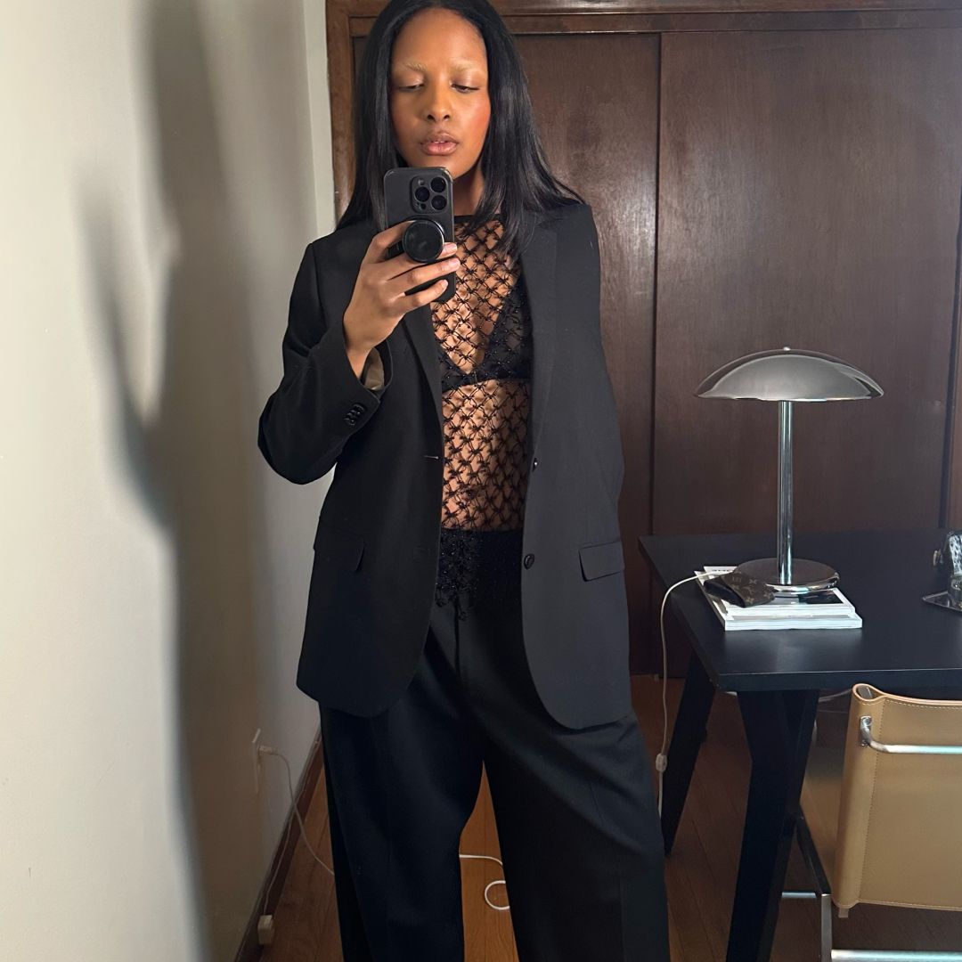 two photos of Maya Moore wearing black next to a photo of two bags