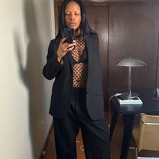 two photos of Maya Moore wearing black next to a photo of two bags