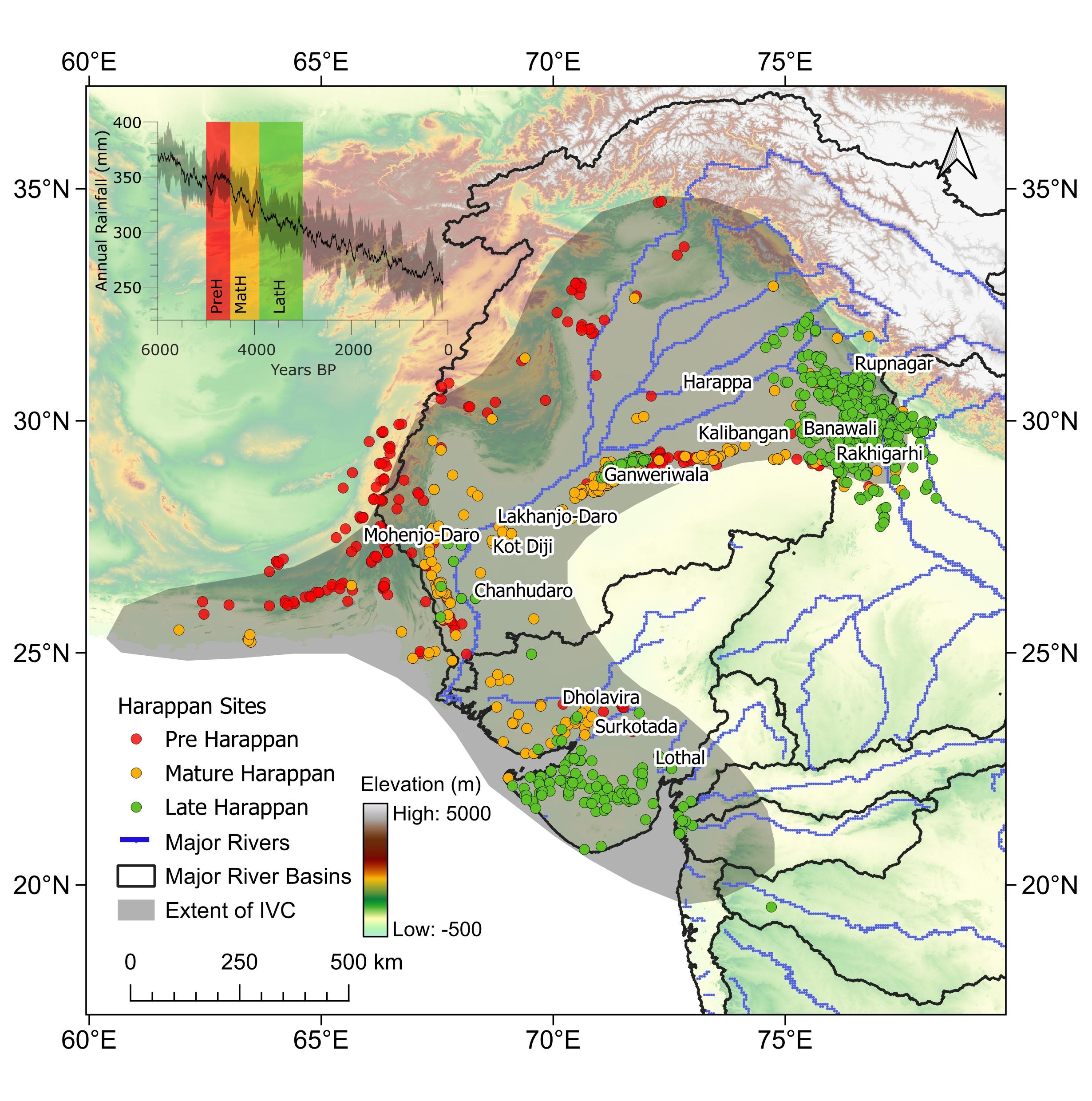 A map of the Indus Valley Civilization with scattered dots indicating sites