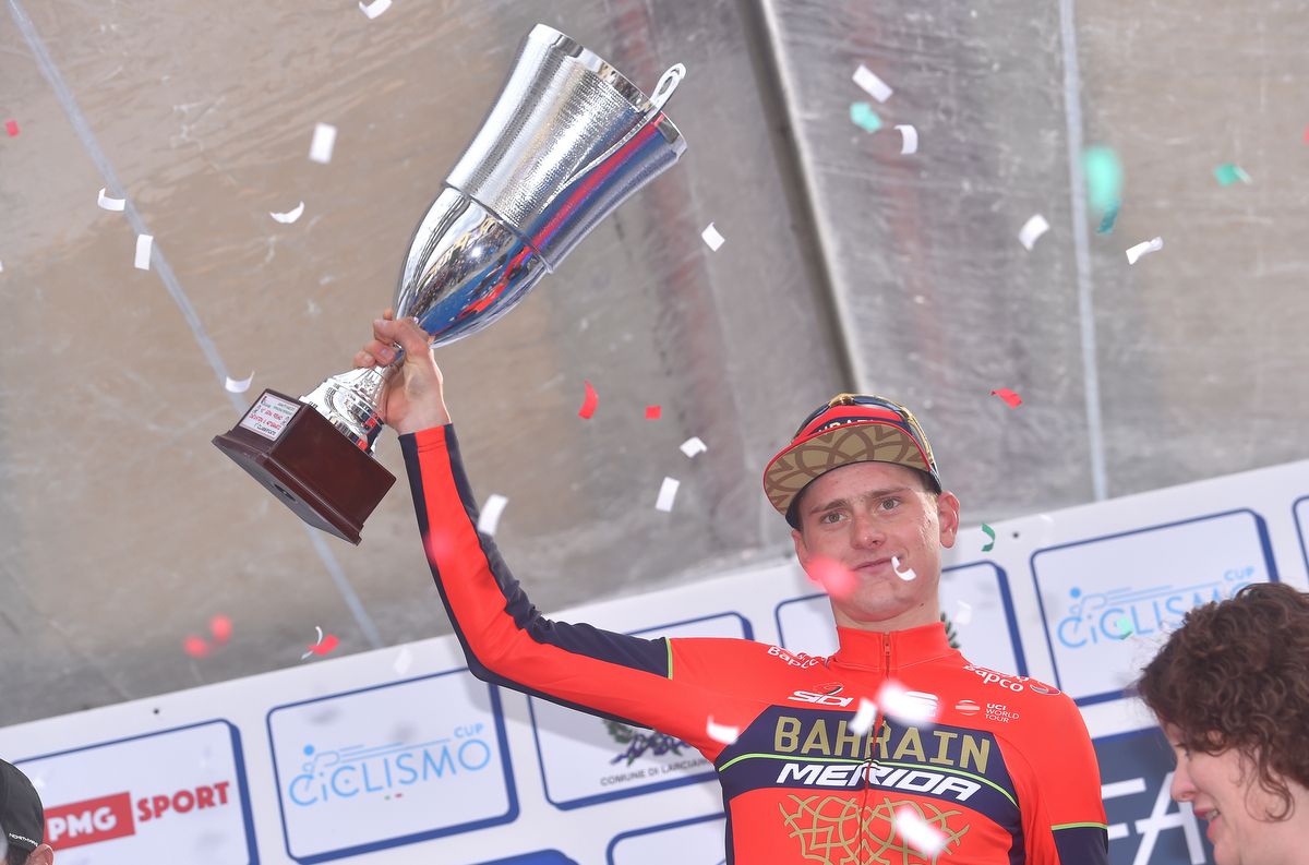 Matej Mohoric holds his trophy