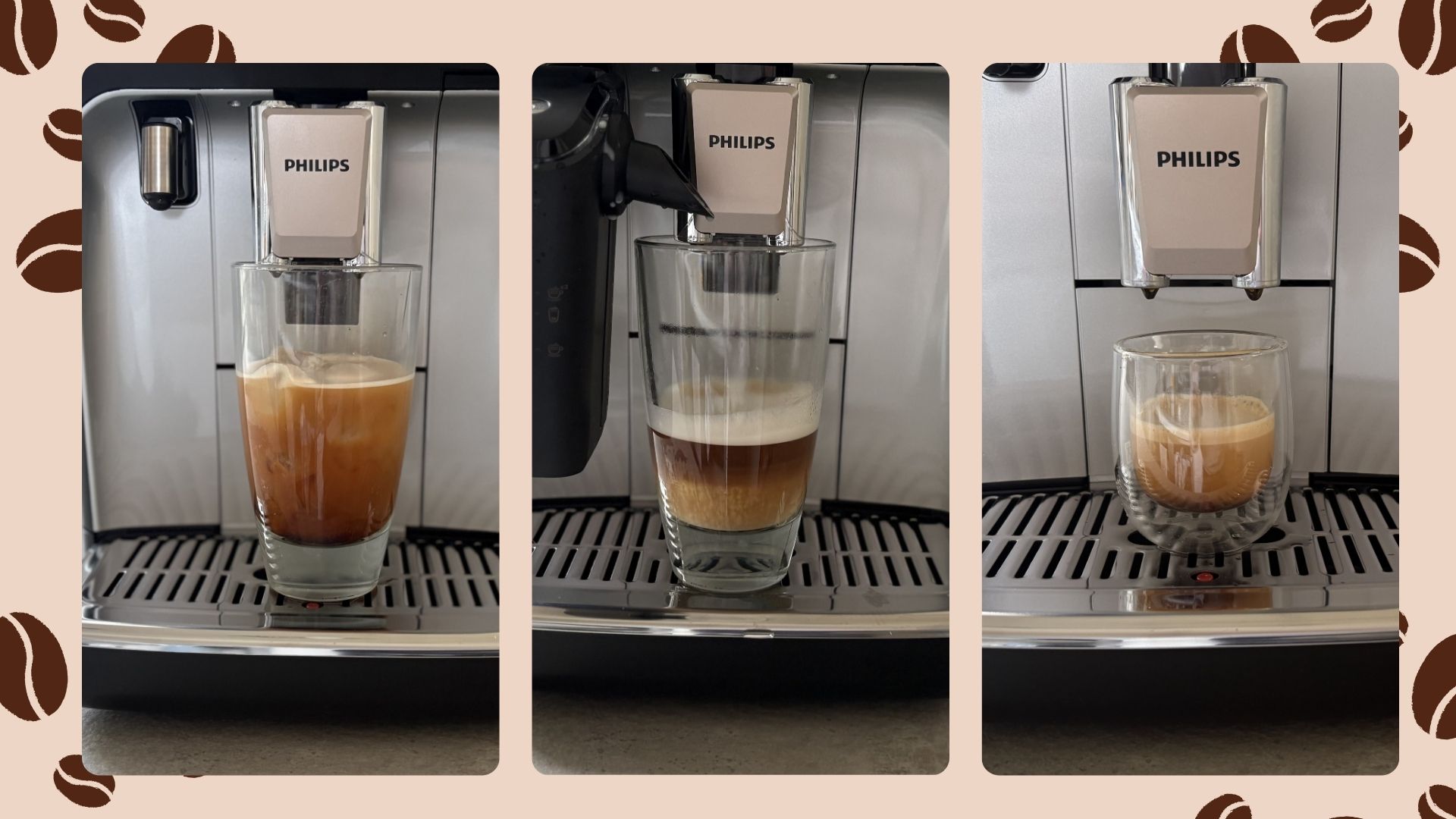 Three coffees being made in the Philips 5500 Series LatteGo