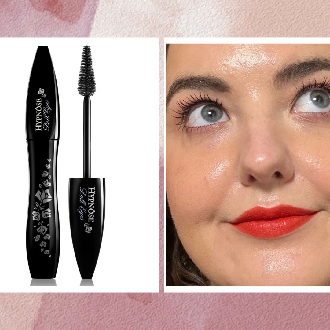 On the left, is a product shot of the Lancôme Hypnôse Doll Eyes Volumising mascara and on the right, is a close-up shot of Senior Beauty Editor Rhiannon Derbyshire wearing the formula on her eyelashes