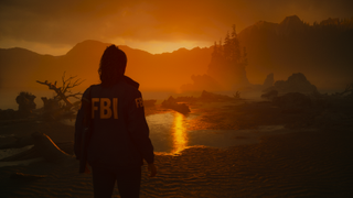 Alan Wake 2 screenshot showing the main character looking out over a beach bathed in orange light.