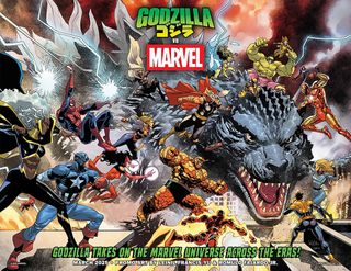 Godzilla fighting the heroes of the Marvel Universe