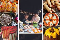 A collage of delicious Halloween food ideas including witches fingers, spider web tart, spooky pizza and more